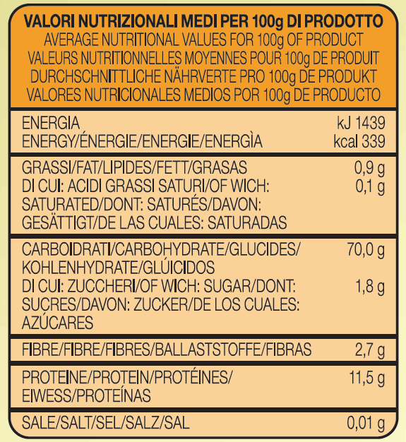 tabella nutrizionale spadoni premium pasta